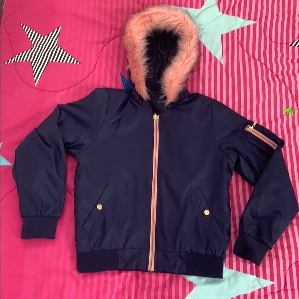 Blue and pink bomber hoodie faux fur jacket
